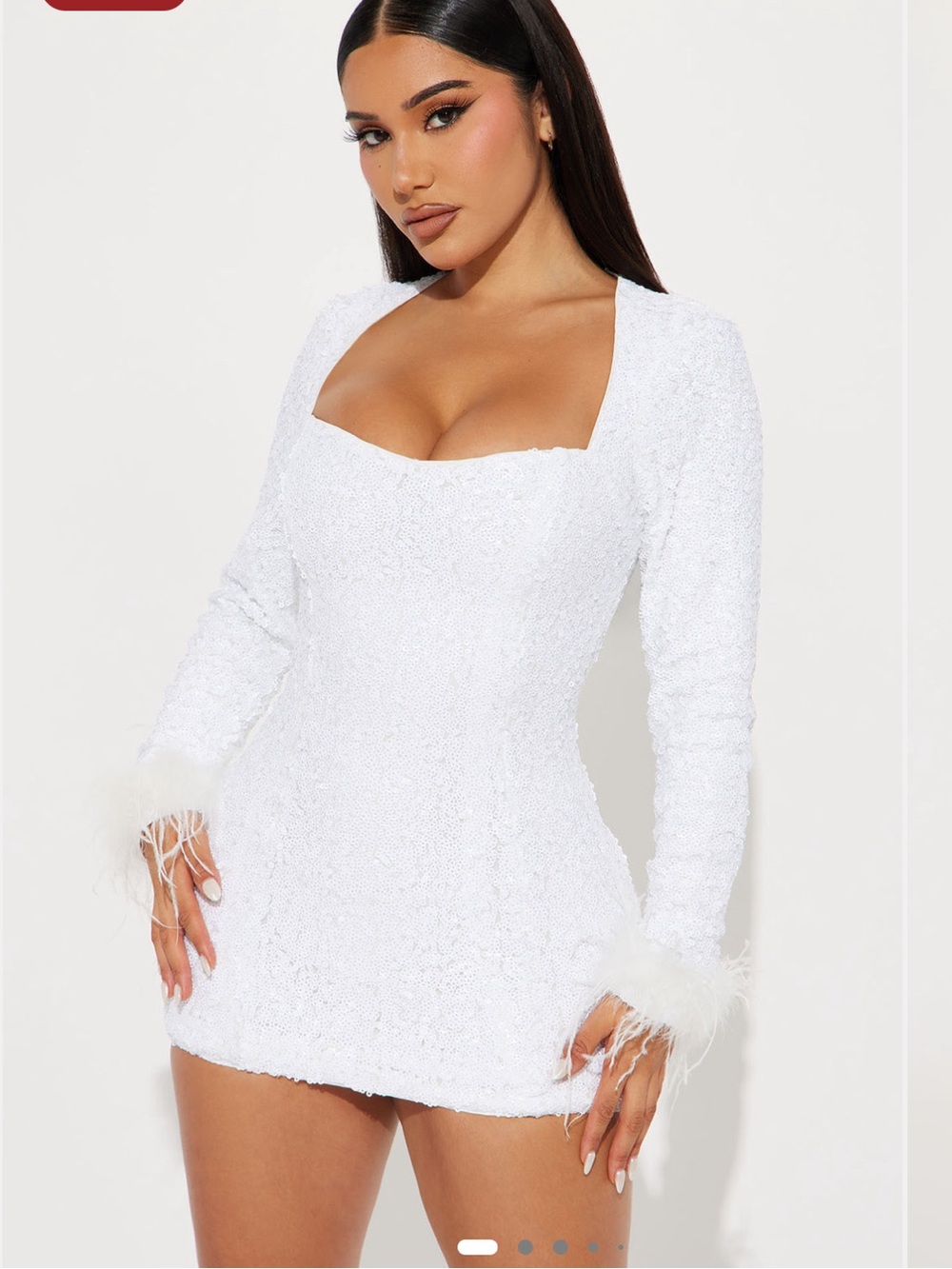 Fashion Nova White Sequin Mini Dress with Feather Cuffs
